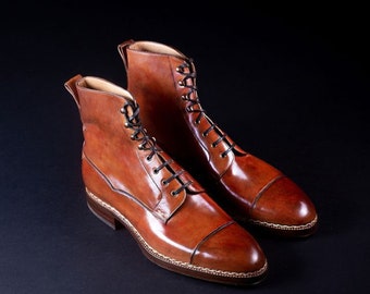 Handmade Premium Quality Leather Brown Cap Toe Men Ankle High Men Boots