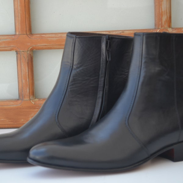 Handmade Premium Quality Leather Black Colour Side Zipper Ankle High Men Boots