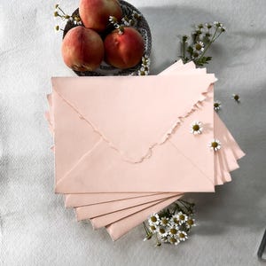 May include: A stack of pale pink envelopes with torn edges, arranged with fresh peaches on a decorative plate and sprigs of white flowers. The envelopes are a soft, muted color, suggesting a delicate and romantic theme.