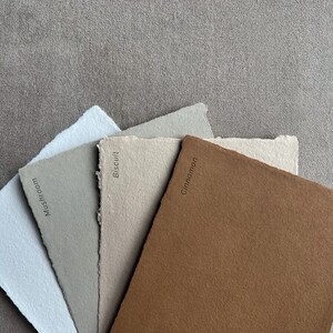 May include: A selection of handmade paper swatches in shades of Meringue, Mushroom, Biscuit, and Cinnamon. Each paper has a deckled edge and a colour name printed on it. The papers are arranged on a textured, neutral-toned surface.