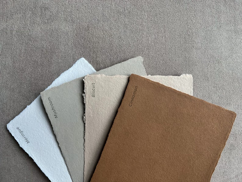 May include: A selection of handmade paper swatches in shades of Meringue, Mushroom, Biscuit, and Cinnamon. Each paper has a deckled edge and a colour name printed on it. The papers are arranged on a textured, neutral-toned surface.