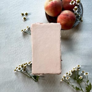 May include: A stack of blush-colored handmade paper with deckled edges, alongside a decorative plate holding three ripe peaches. White daisy-like flowers are scattered around the paper and plate, creating a natural, artistic composition.