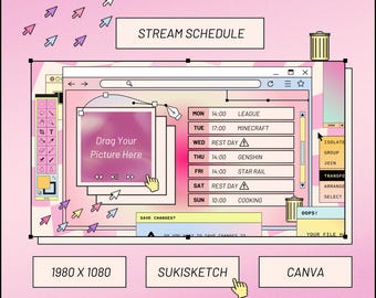 Plantilla de programación de transmisiones de Windows retro rosa: Diseño editable en Canva (descarga digital)