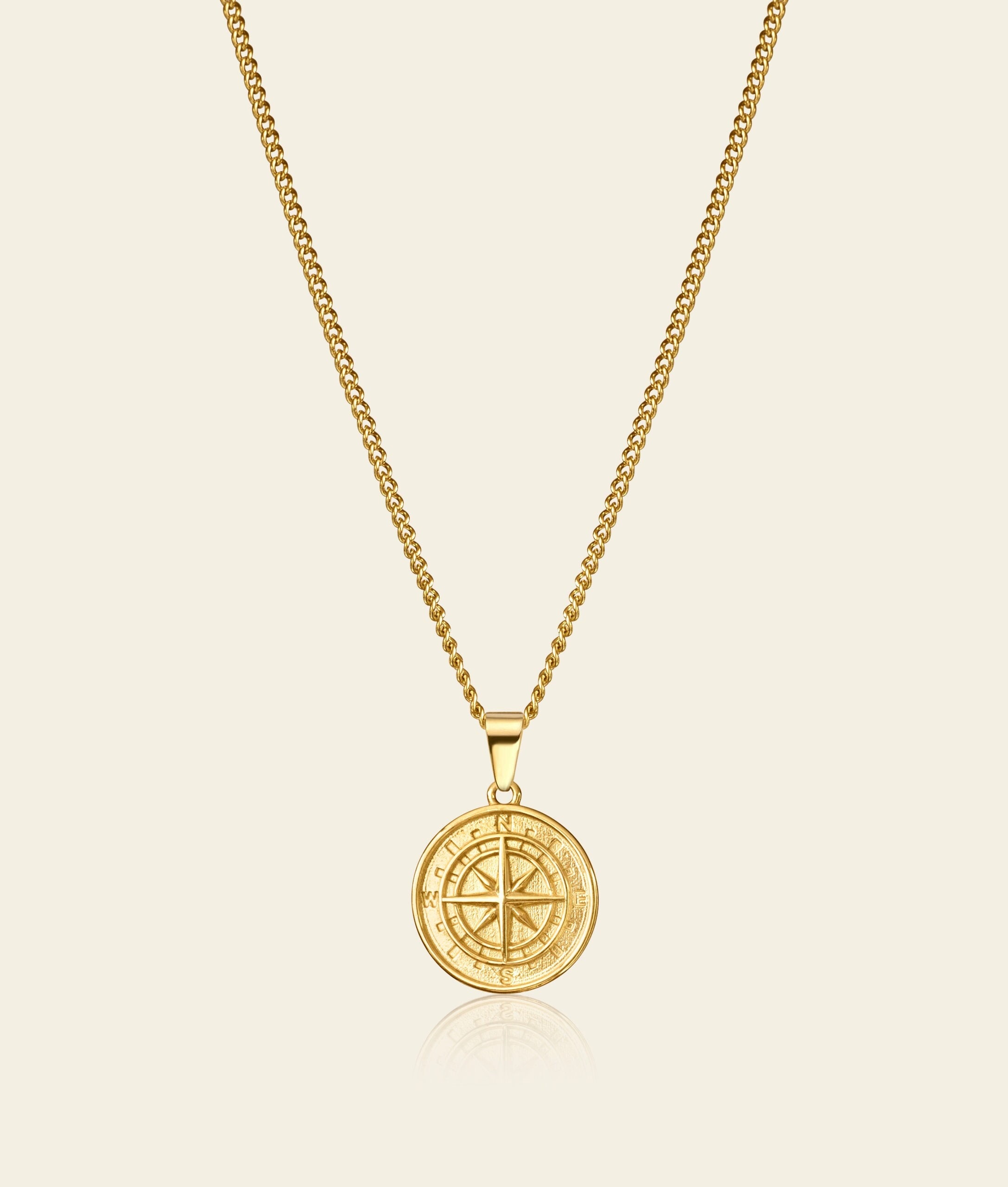 18K Gold Compass North Star Pendant Necklace Mens Stainless Steel