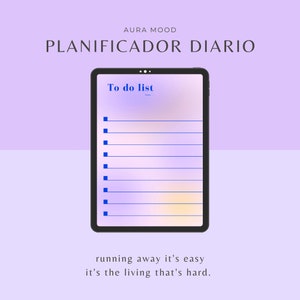 Puede incluir: Una pantalla de tableta digital con una lista de tareas pendientes sobre un fondo degradado morado y blanco. El texto "To do list" está en azul. El texto "running away it's easy it's the living that's hard." está en la parte inferior de la pantalla.