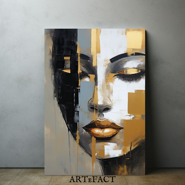 Abstract Realism Boho Style Painting Figurative Abstract Woman Portrait Original Contemporary Oil Painting On Canvas Gold And Black