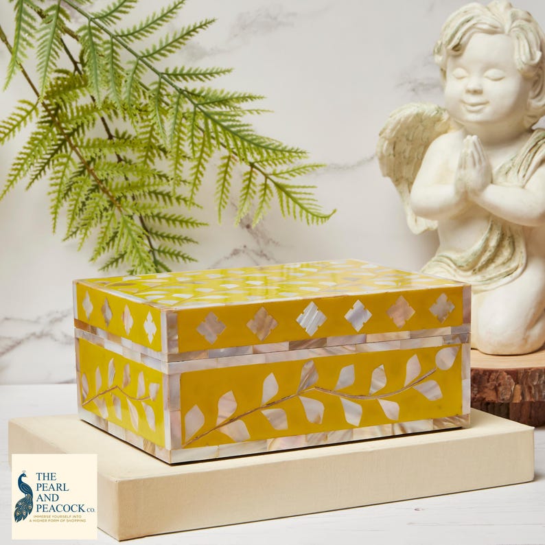 Handmade Mother of Pearl Decorative Box for Jewellery and Keepsakes in Yellow image 1