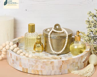 Mother of Pearl White Round Decorative Tray with Toned Design