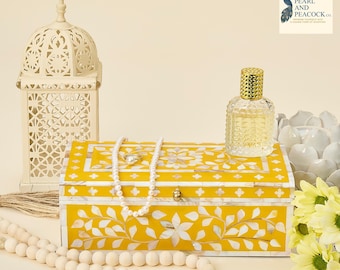 Handmade Mother of Pearl Yellow Jewellery Box for Decoration and Keepsakes