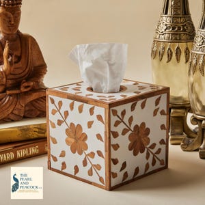 Luxury Wooden Cube Tissue Box with Delicate White Floral Patterns