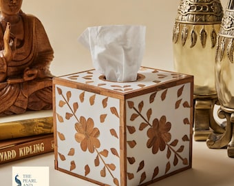 Luxury Wooden Cube Tissue Box with Delicate White Floral Patterns