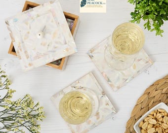 Mother of Pearl Drinks Coasters in White - Set of 4 with holder