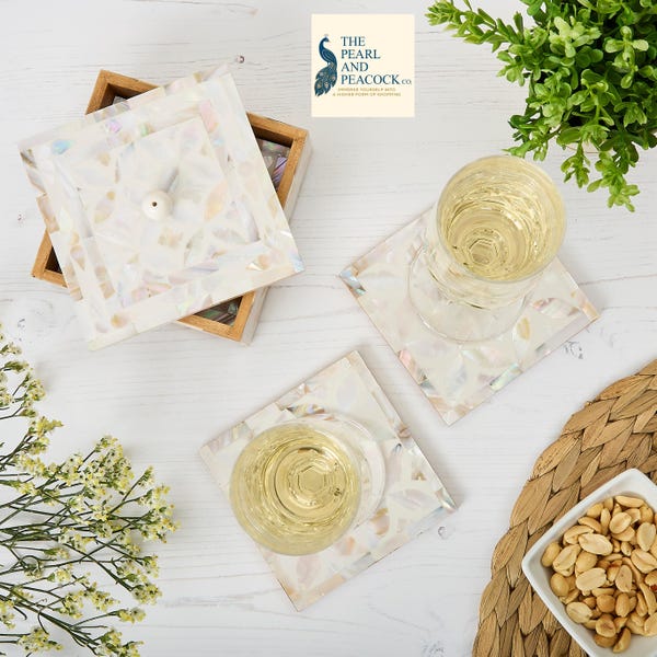 Mother of Pearl Drinks Coasters in White - Set of 4 with holder
