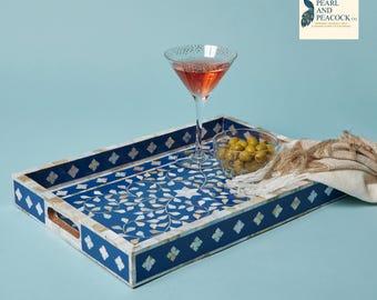 Handmade Mother of Pearl Decorative Tray in Blue and White