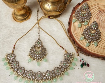 Elegant Handcrafted Kundan Jewellery Set in Mint Green , Gold and Silver - Inspired by Indian and Pakistani design