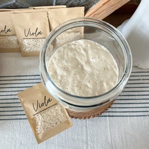 Puede incluir: Un tarro de vidrio lleno de masa madre blanca, sentado sobre una base de madera. Un peque&ntilde;o paquete de papel marr&oacute;n con el texto "Viola Masa Madre Deshidratada" es visible en primer plano.