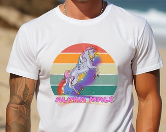 Camiseta retro, unicornio arcoíris alfa masculino, camiseta irónica y divertida, regalo para él, camiseta divertida, camiseta gráfica divertida, camiseta ofensiva, camiseta extraña