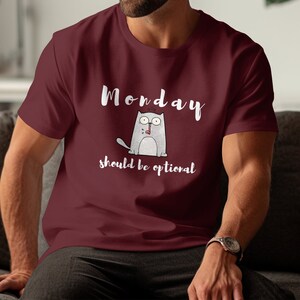 Rolig katttröja, måndag borde vara valfritt t-shirt, söt katttröja, lat måndag-tröja, humoristisk t-shirt, helgvibbar-tröja bild 7