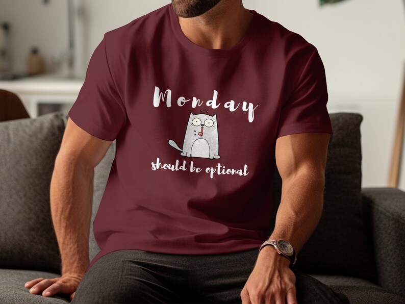 Rolig katttröja, måndag borde vara valfritt t-shirt, söt katttröja, lat måndag-tröja, humoristisk t-shirt, helgvibbar-tröja bild 7