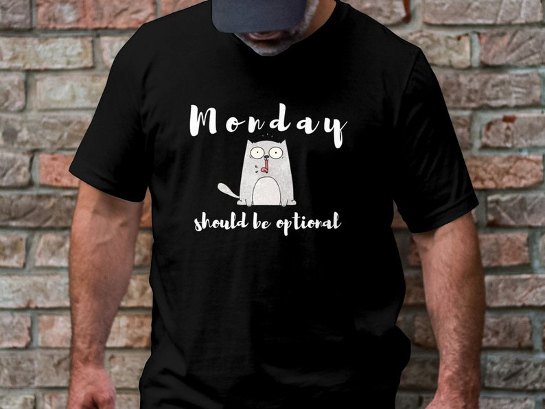 Rolig katttröja, måndag borde vara valfritt t-shirt, söt katttröja, lat måndag-tröja, humoristisk t-shirt, helgvibbar-tröja bild 5