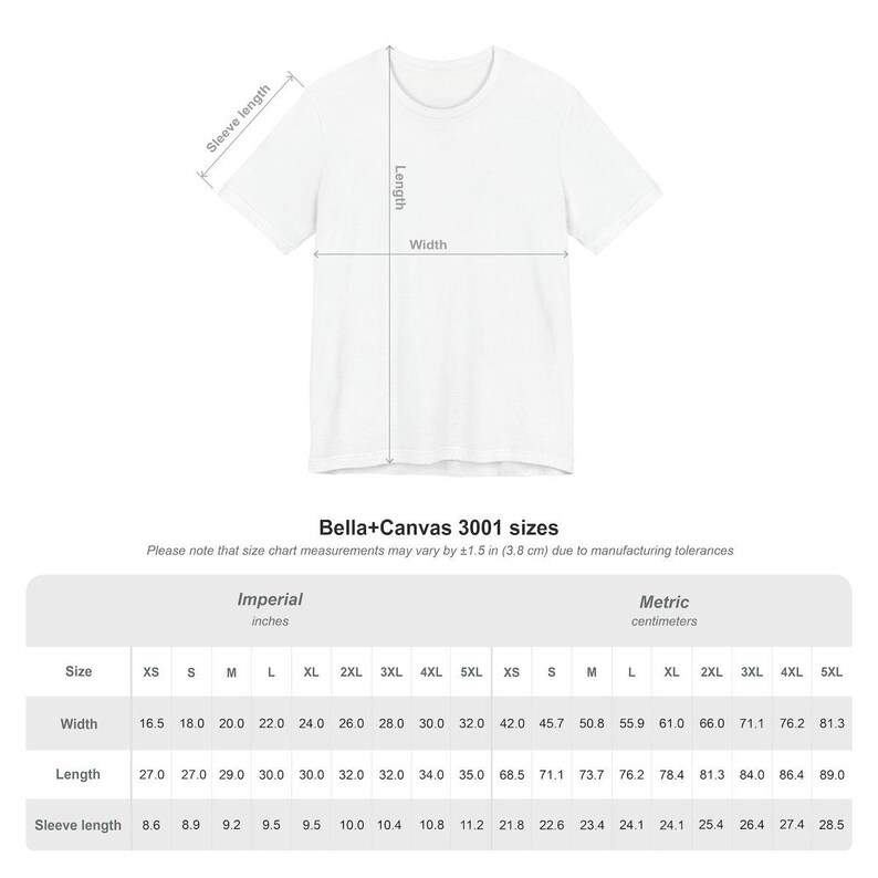 May include: White t-shirt with size chart measurements in inches and centimeters. The chart includes sizes XS to 5XL, with width measurements from 16.5 to 32 inches and length measurements from 27 to 35 inches. Sleeve length is from 8.6 to 11.2 inches.