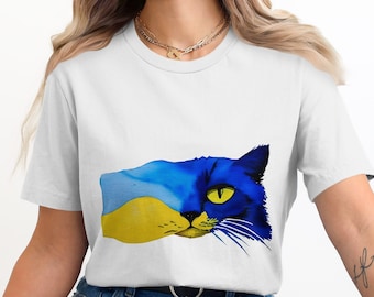 Blågul katt-T-shirt, konstnärlig kattdesign-T-shirt, unik ukrainsk tema-T-shirt, snygg vardagskläder, grafisk kattansikte-T-shirt