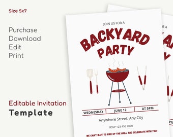 Backyard BBQ Party Invitation Template, Anniversary party, Garden Barbeque Party, Backyard party invite, Outdoor Barbecue Grill Invite