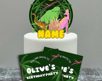恐竜ケーキトッパー、Canva 編集可能な招待状、恐竜ケーキ招待状、編集可能なテンプレート、カスタマイズ可能なケーキトッパー、恐竜誕生日テーマ