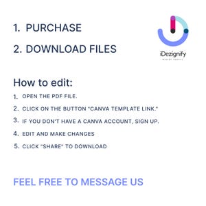 May include: A blue and pink logo for a design agency called iDezignify. The text below the logo explains how to edit a PDF file by clicking on a Canva template link. The text also explains how to sign up for a Canva account if you don't have one. The text also explains how to edit and make changes to the file and how to click "share" to download the file.
