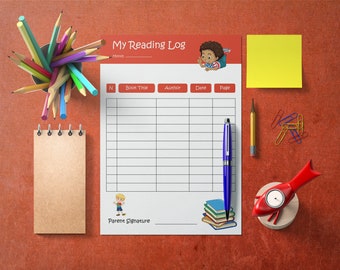 May include: A printable reading log with a cartoon illustration of a child reading a book. The log has columns for book title, author, date, and page number. There is a space for a parent signature at the bottom.