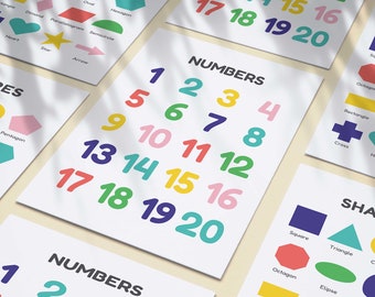 Juego de carteles educativos para niños / 5 carteles de aprendizaje para pared imprimibles / Decoración para el aula / Carteles de educación en el hogar / Arte Montessori para preescolar