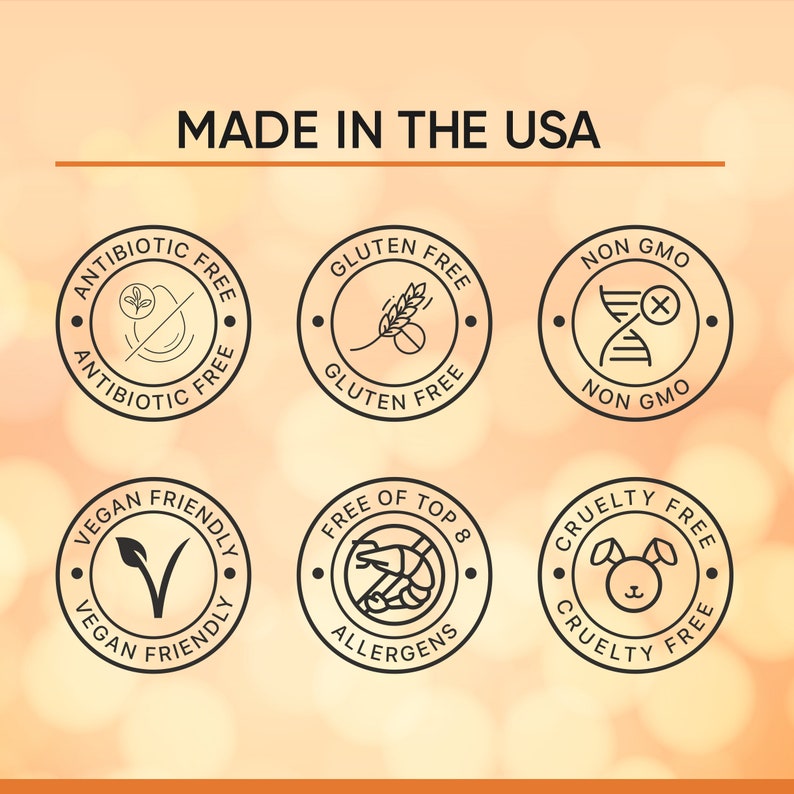 May include: Image featuring six circular badges with text and icons. The badges state: Antibiotic Free, Gluten Free, Non GMO, Vegan Friendly, Free of Top 8 Allergens, and Cruelty Free. The text "MADE IN THE USA" is at the top.