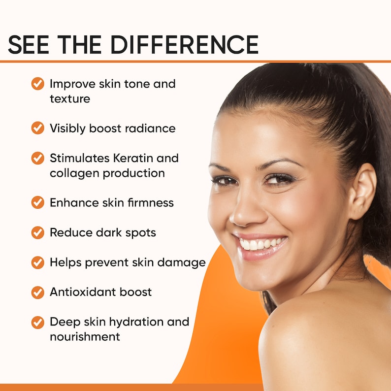 May include: Image featuring a smiling woman with text that reads "SEE THE DIFFERENCE." The text lists benefits including improved skin tone, boosted radiance, and enhanced firmness. The image is set against a warm orange background.