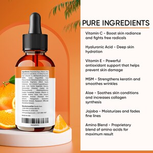 May include: A brown glass bottle with a dropper, filled with a clear liquid, sits on a white surface. The bottle is labeled with ingredients and the text "PURE INGREDIENTS" with descriptions of the ingredients. Orange slices are placed around the bottle.