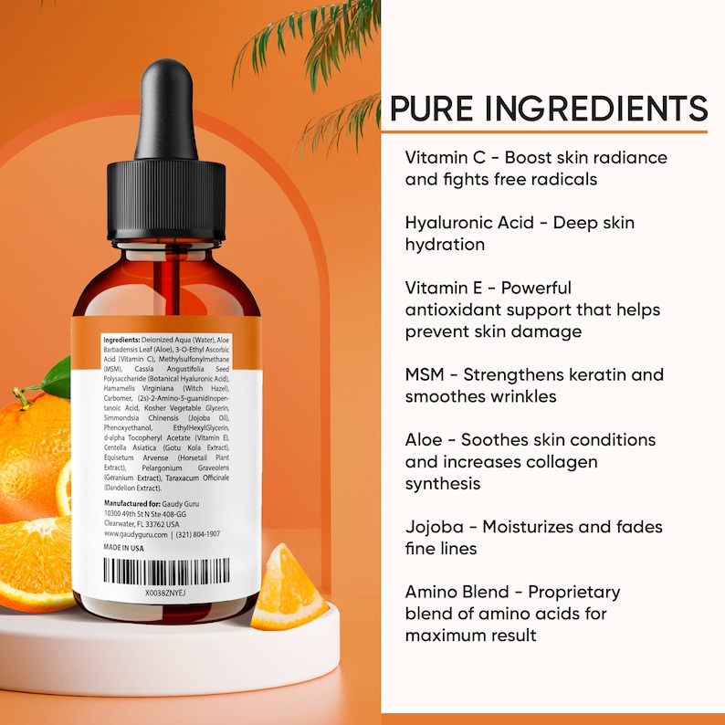 May include: A brown glass bottle with a dropper, filled with a clear liquid, sits on a white surface. The bottle is labeled with ingredients and the text "PURE INGREDIENTS" with descriptions of the ingredients. Orange slices are placed around the bottle.