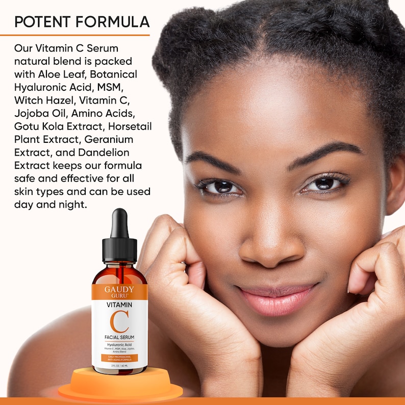May include: A woman with brown skin smiles, with a bottle of Gaudy Guru Vitamin C Facial Serum in the foreground. The serum bottle is amber-colored with a dropper, and the label highlights Vitamin C and Hyaluronic Acid.