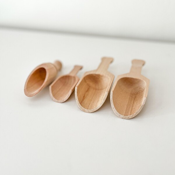 Set of 4 Wooden Scoops, Montessori Wood Sensory Bin Scoops, Mini Wooden Scoops, Unfinished Wooden Play Kitchen Tools, Waldorf Wooden Toys