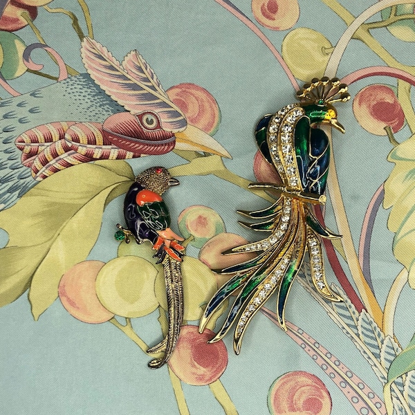 Two vintage brooches - peacock and bird of paradise on the branches