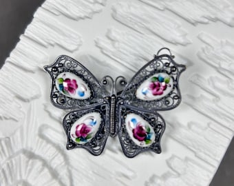Enamel and filigree vintage brooch butterfly with white and red flowers - Rostov Finift