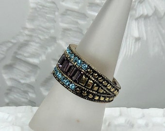 HEIDI DAUS statement ring with purple bagett crystals and small blue rhinestones