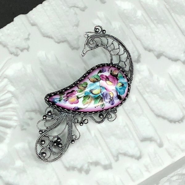 Enamel and filigree vintage brooch peacock (firebird) with floral motif - Rostov Finift