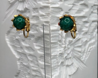 Vintage unsigned ear clips with malachite green Peking glass