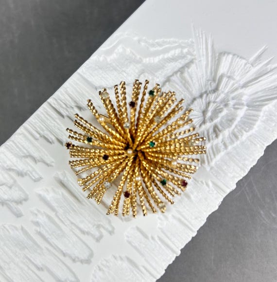 Broche Vintage Motif Feu D'artifice Avec Perle - Métal Doré - Occasion