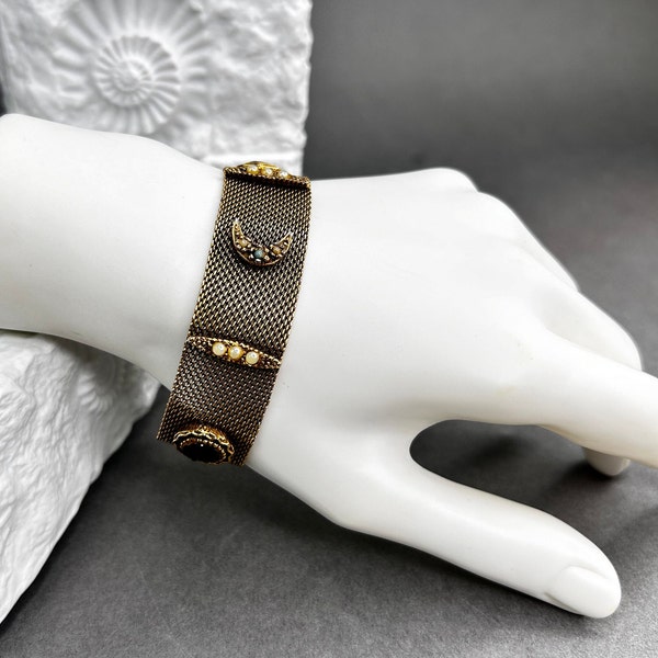 Bracelet en maille dorée vintage style Goldette NY avec fausses perles et cristaux de verre rouge rubis