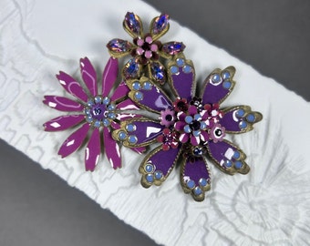 Vintage FRESH FLOWERS signed large enamel brooch - Three flowers in purple and pink