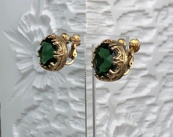 ACCESSOCRAFT NYC signed clip-on earrings with large emerald green faceted crystals