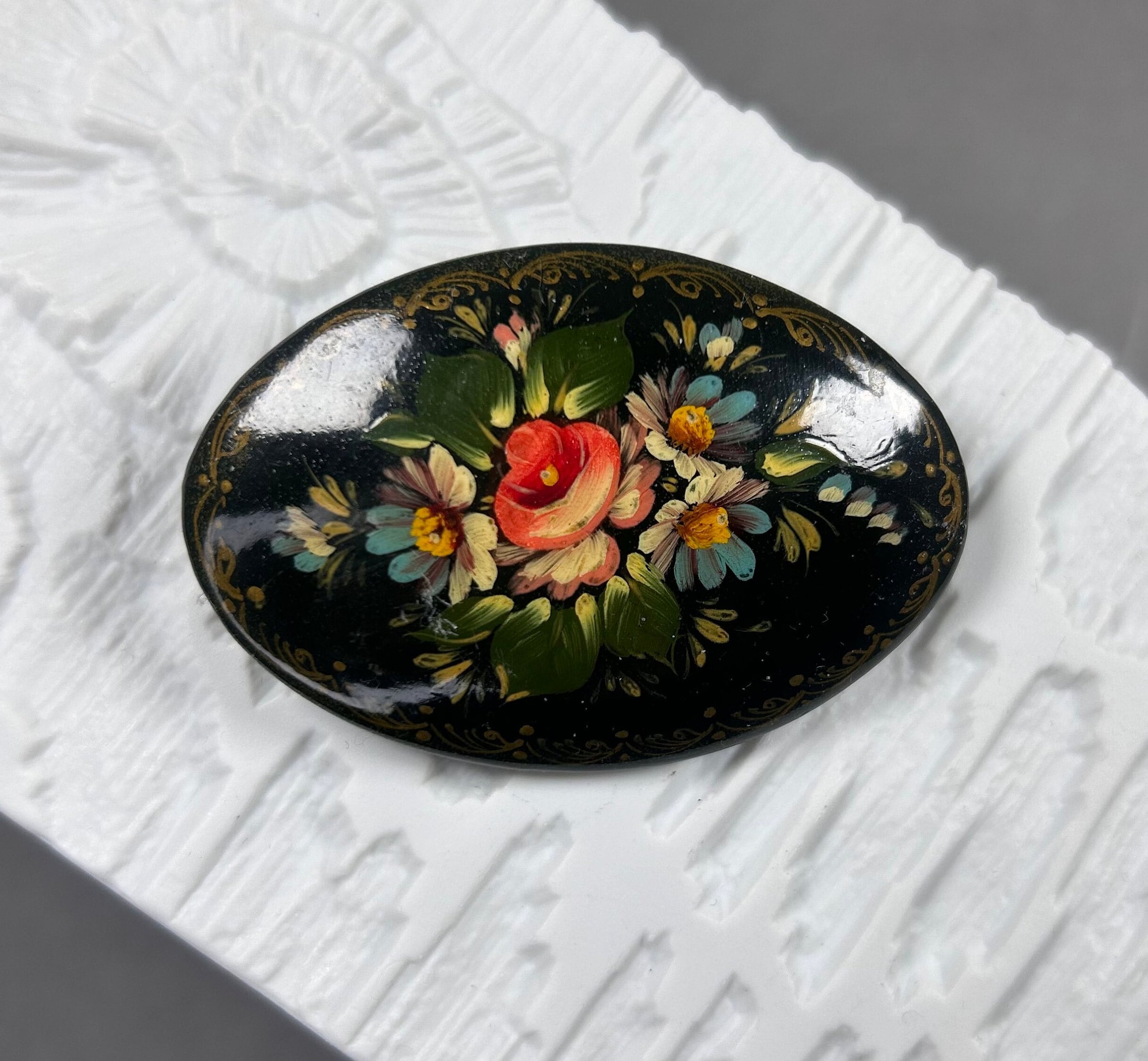 Broche Russe En Papier Mâché - Forme Cœur - Cadeau Femme - Style Fantaisie
