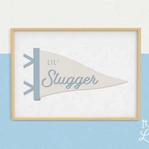 DIGITAL DOWNLOAD - Lil&#39; Slugger Pennant Baseball Print | Boys Nursery Wall Decor Blue | Kids&#39; Room Wall Art | Playroom Decor | Printable