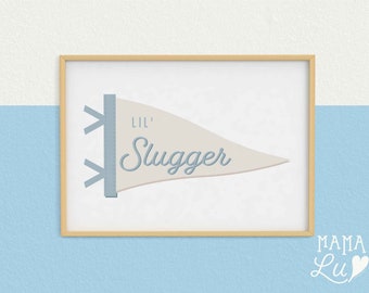 DIGITAL DOWNLOAD - Lil' Slugger Pennant Baseball Print | Boys Nursery Wall Decor Blue | Kids' Room Wall Art | Playroom Decor | Printable