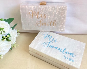 Personalised Mrs Bride Wifey Pearl Clutch Bag, Detachable Strap, Hen Weekend Wedding Honeymoon, Wife To Be, Pearlescent - Same Day Dispatch!